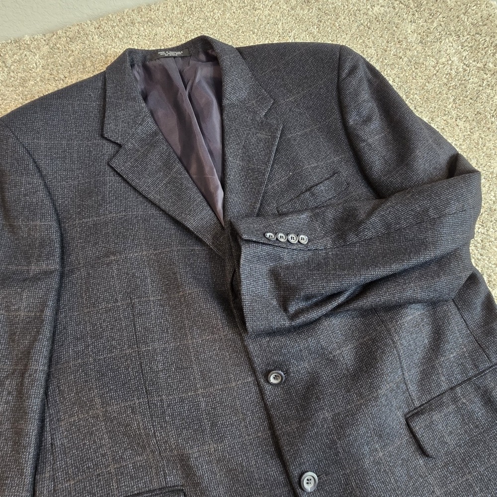 Jones New‎ York Sport Coat Mens 46L Black Blue Tweed  Plaid Lambs Wool 3 Button